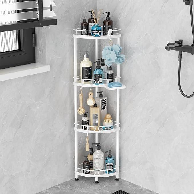 SWTYMIKI Corner Shower Caddy Standing - 4 Tier Stainless Steel Shower Organizer Stand with 4 Hooks & Soap Holder, Rustproof Metal Standing Tall Floor Shower Shelf and Bathroom Organizer, White - ModernBath