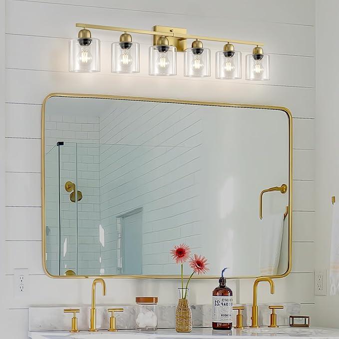 FAISHILAN Modern Brushed Gold 6 Light Bathroom Light Fixtures,38 inch Vanity Lights for Bathroom with Clear Glass, Vanity Light for Mirror Kitchen Living Room Hallway Cabinet Porch - ModernBath