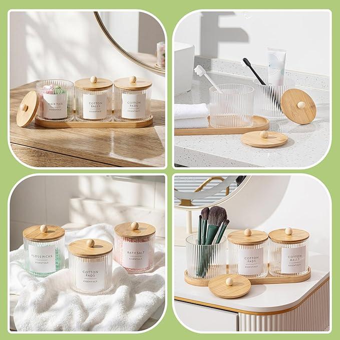 Vesici 6 Pack Bathroom Canisters Ribbed Apothecary Jars with Bamboo Lids 2 Bamboo Trays and 9 Label Stickers Cotton Swabs Holder Bathroom Organizer Storage Set Acrylic 18 oz Dispenser Container(Wood) - ModernBath
