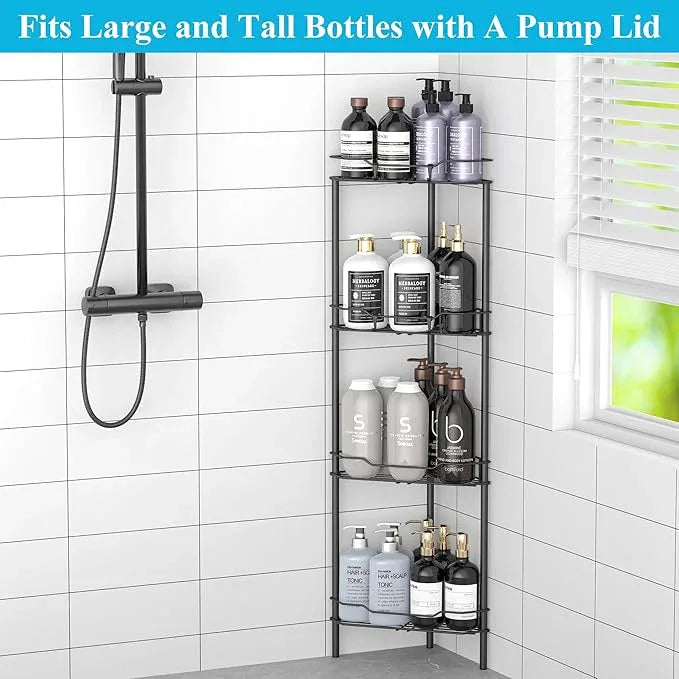 4 Tier Floor Standing Corner Shower Caddy Organizer Shelf with Hooks, Bathroom Shelves Stand Rack, Matt Black - ModernBath