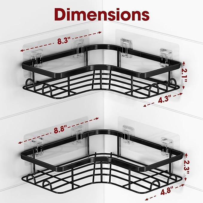 Corner Shower Caddy - 2 Pack, Adhesive Shower Organizers, Rustproof Stainless Steel Shower Shelves with 8 Hooks, No Drilling Bathroom Organizers and Storage Racks, Space-Saving, Black, Large - ModernBath