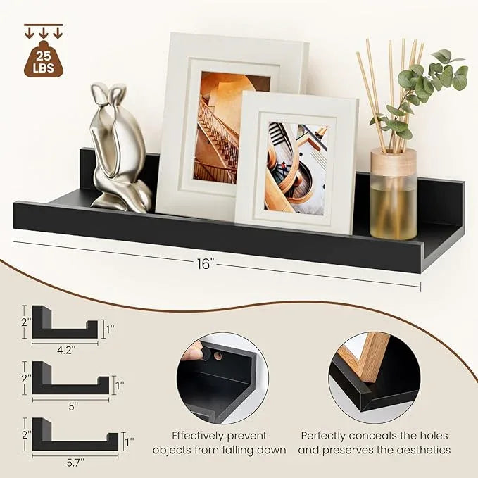 Heimlove Floating Shelves Set of 6, 16" Wall Mounted Picture Ledge, Display Shelf Organizer for Decor Storage, Wall Mounted Shelves for Living Room, Bedroom, Bathroom, Kitchen (Black) - ModernBath