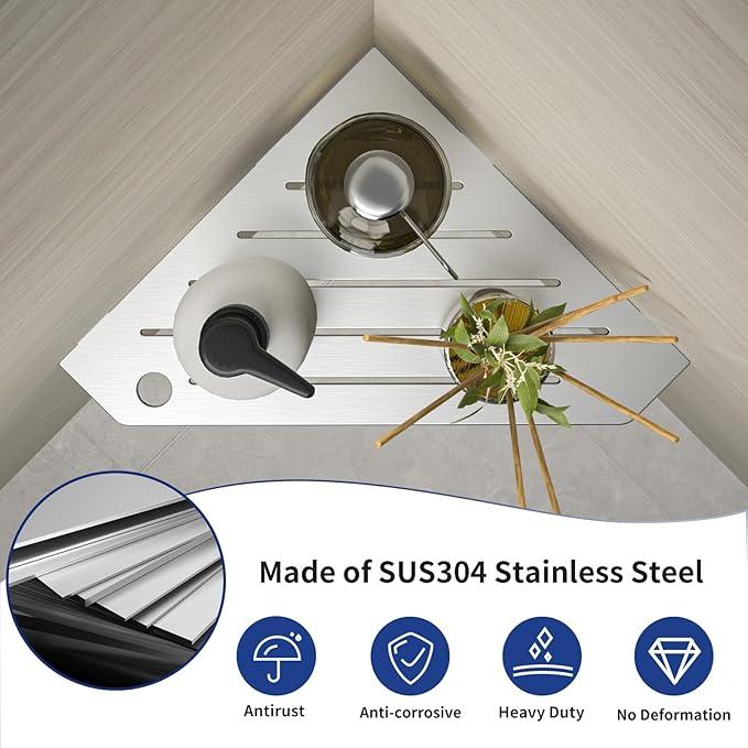 Corner Shower Shelves, Pentagonal Grout in Shelf w/Razor Holding Hole, 304 Stainless Steel Bathroom Shelf (Brushed) - ModernBath
