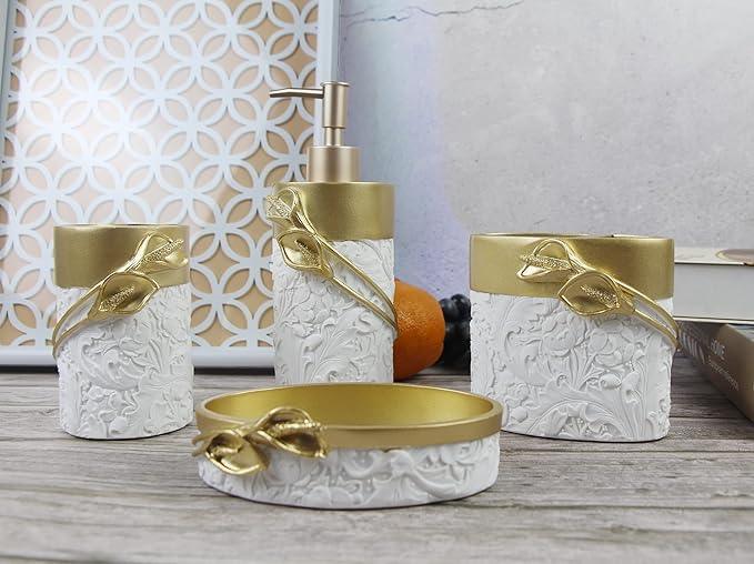 Hymmah Bathroom Accessories Set,Golden Design Toothbrush Holder,Farmhouse Bathroom Decor,4 Pcs Resin Gift Set Apartment Necessities, Contain Toothbrush Cup,Soap Dispenser,Soap Dish,Tumbler - ModernBath