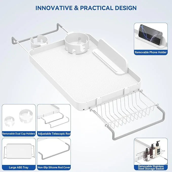 Bathtub Tray for Large Soaking Tub Table Tray Expandable Tub Shelf for Bathtub Caddy Bath Shelf Over Tub Luxury Bath Board Book Holder with Removable 2 Cup Holder Phone Metal Shower Caddy Basket White - ModernBath