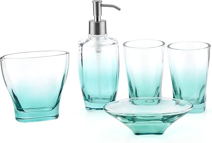 Jincrop Teal Glass Bathroom Accessories Set 5 Pieces – Green Bathroom Set with Soap Dispenser, Toothbrush Holder, 2 Tumbler Cups, Soap Dish - ModernBath