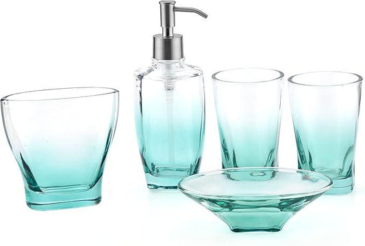 Jincrop Teal Glass Bathroom Accessories Set 5 Pieces – Green Bathroom Set with Soap Dispenser, Toothbrush Holder, 2 Tumbler Cups, Soap Dish - ModernBath