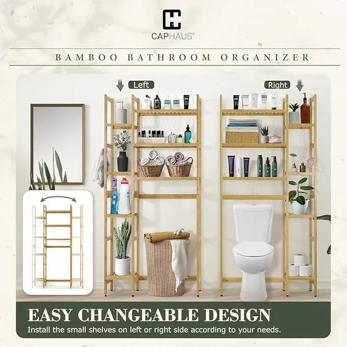 CAPHAUS Over -The -Toilet Storage Shelf,7-Tier Bamboo Bathroom Organizer Shelf Rack Over Toilet with Adjustable Feet & Hooks, Freestanding Toilet Shelf for Bathroom Laundry Balcony Plant Stand,Black - ModernBath