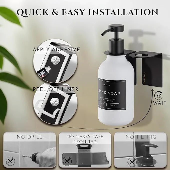 Shampoo & Conditioner Dispenser - Shower Soap Dispenser Wall Mounted - 16.9 Oz Plastic Bottle with Pump & Holder - Shampoo Dispenser - Shower Dispenser Chamber No Drill (1 X White/Black) - ModernBath