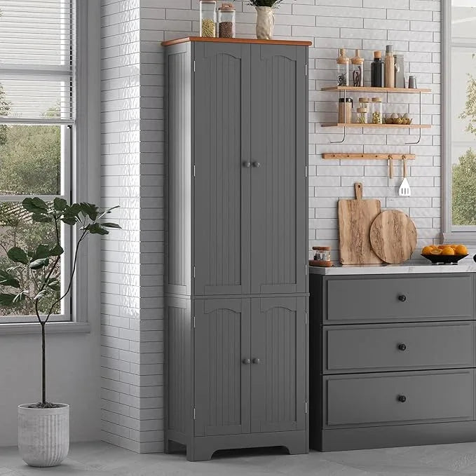 4 Door Pantry -72.2'' Kitchen Cabinet with Adjustable Shelves, Freestanding Cupboard, Tall Storage Cabinets for Dining Room, Living Room, Laundry, Bathroom, Entryway, Grey - ModernBath