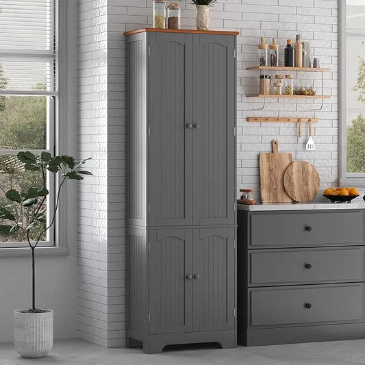 4 Door Pantry -72.2'' Kitchen Cabinet with Adjustable Shelves, Freestanding Cupboard, Tall Storage Cabinets for Dining Room, Living Room, Laundry, Bathroom, Entryway, Grey - ModernBath