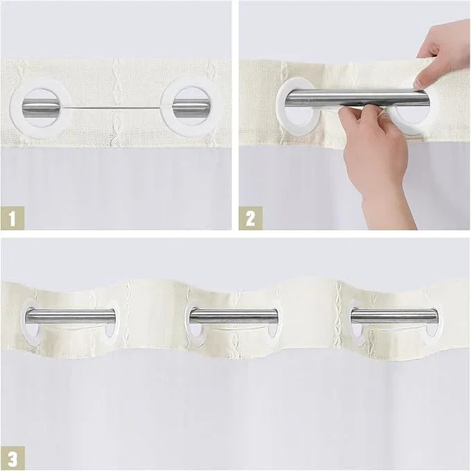MitoVilla No Hooks Needed Farmhouse Shower Curtain with Snap-in Liner - with Window & Magnets, Boho Cotton Linen Fabric Shower Curtains with Tassels for Rustic Bathroom Decor, Ivory, 72 x 74 - ModernBath