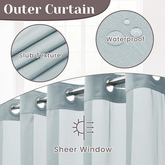 SORTTO No Hook Slub Textured Shower Curtain with Snap in Liner - Blue Fabric Outer Curtain & Waterproof Inner Liner, Hotel Style with See Through Top Window, 71x74 in - ModernBath