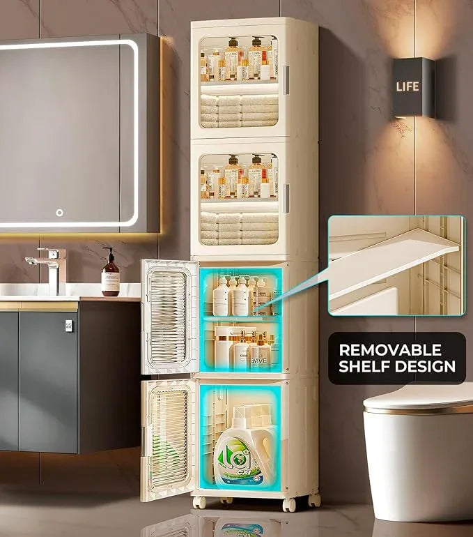 4-Tier Tall Narrow Bathroom Storage Cabinet with Doors and Adjustable Shelves Slim Foldable Cabinets with Wheels Small Spaces Plastic Organizers for Kitchen Laundry Room Bedroom Pantry,Beige - ModernBath