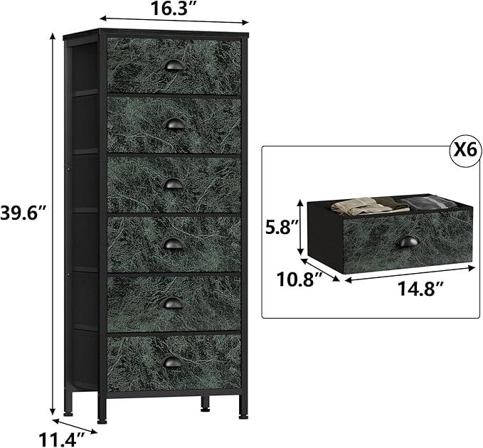 Furnulem Vertical Dresser for Bedroom,Tall Storage Tower Unit and Chest with 6 Drawers,Vintage Green Nightstand Furniture with Fabric Drawer Organizer in Dorm, Living Room,Closet,Entryway,Hallyway - ModernBath