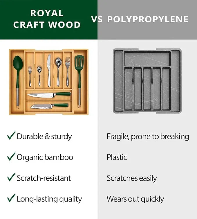 ROYAL CRAFT WOOD Luxury Bamboo Kitchen Drawer Organizer - Silverware Organizer, Utensil Holder & Cutlery Tray Drawer Dividers for Flatware (9 Slot, Natural) - ModernBath