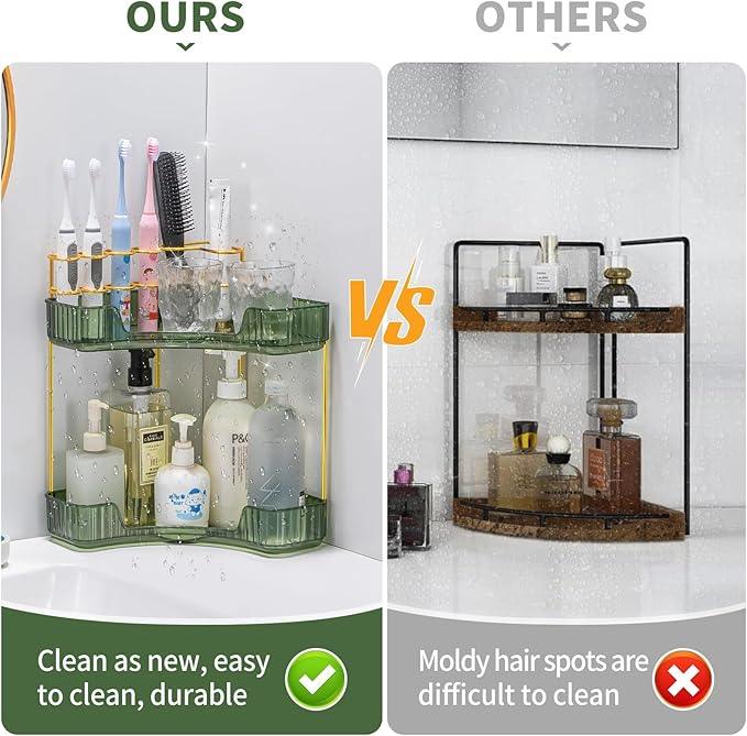 shuang qing Upgraded 2-Tier Corner Bathroom Countertop Organizer – Spacious Storage for Makeup, Skincare & Perfumes, Built-in Brush Holder Fits Vanity/Dresser/Bsthtub (Sage Green) - ModernBath