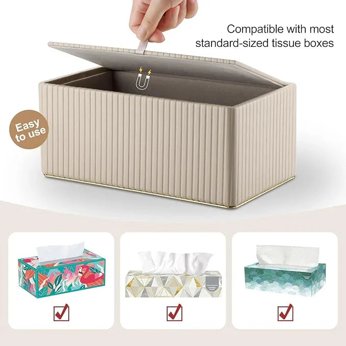 KINGFOM Rectangular Tissue Box Cover, PU Leather Tissue Box Holder with Magnetic Bottom, Napkin & Facial Tissue Holder Dispenser Decorative Box Cover for 120-count (3-Ply) 160-count (2-Ply) Beige - ModernBath