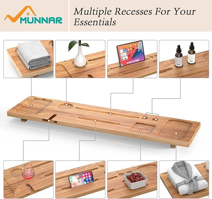 MUNNAR Bathtub Tray for Freestanding Bath, Solid Pine Wood Bath Tray for Tub, Bath Caddy for Home Spa, Adjustable Bathtub Trays for Tub, with Bathtub Accessories Holders, Patent Design, 35x9 - ModernBath