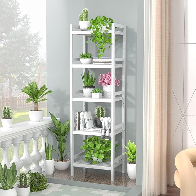 Homykic Bamboo Bookshelf, 5-Tier Narrow 55.9” Adjustable Book Shelf Bookcase Bathroom Shelves Freestanding Storage Stand for Living Room, Bedroom, Kitchen, Rust Resistance, Easy Assembly, White - ModernBath