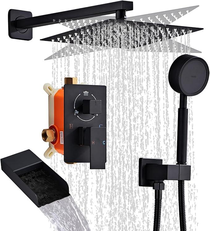 RTTWYYUU Matte Black Shower Tub Faucet Set, Wall Mounted 8 Inch Shower Heads with Handheld Spray Combo and Tub Shower Faucet, Luxury Bathroom Square Rain Shower System - 4 Hooks - ModernBath