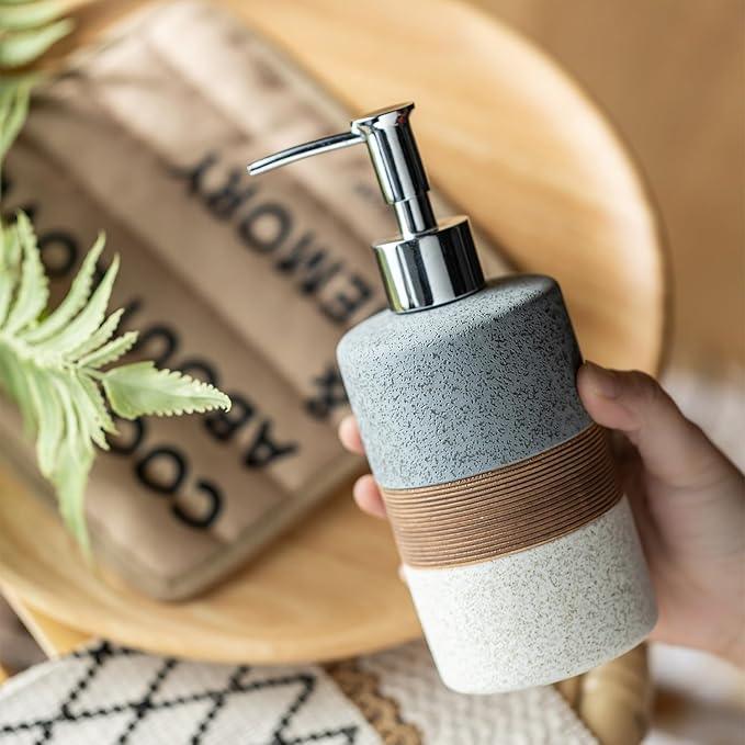 Cormomu Ceramic Soap Dispenser Set for Hand Soap, Shampoo, Dish Soap, Conditioner, Bathroom & Kitchen, Stainless Steel Pump, Includes Silicone Funnel, 12 Oz, Non-Slip, Elegant Kitchen Decor, Gray - ModernBath