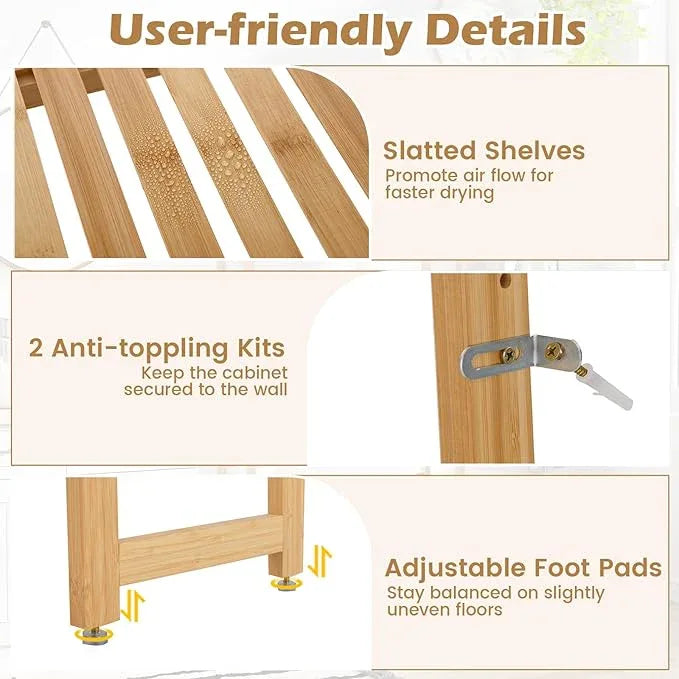Tangkula Bamboo Over The Toilet Storage, 3-Tier Over Toilet Organizer Rack with 5-Position Adjustable Shelves, 3 Hooks, Adjustable Bottom Bar, Laundry Room Shelf, 28.5" Wide Bathroom Space Saver - ModernBath