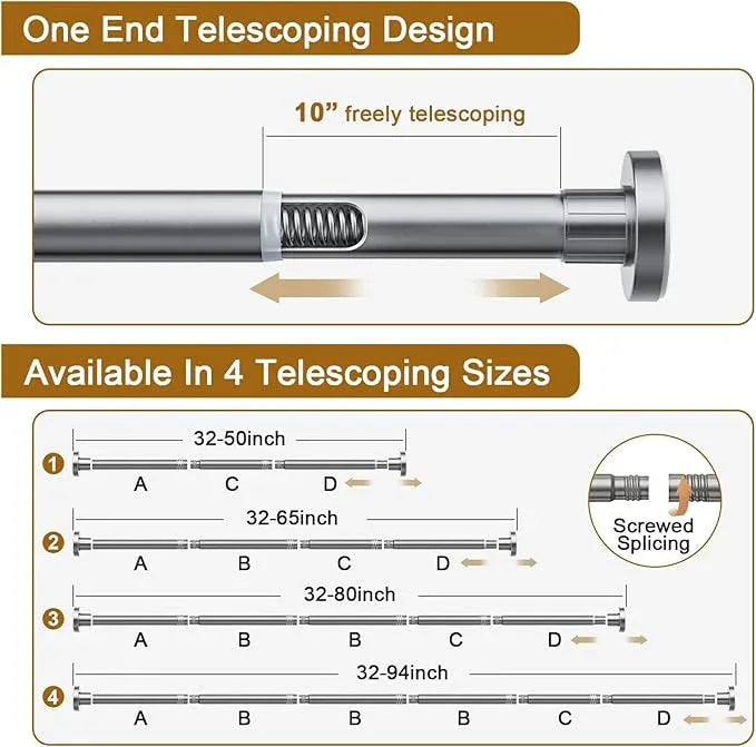 Ausemku Shower Curtain Rod 32-80 Inch Adjustable - 1 Inch Diameter Heavy Duty No drill Spring Tension Shower Rod, Non-Slip Rustproof Telescopic Rod for Bathroom, Nickel - ModernBath