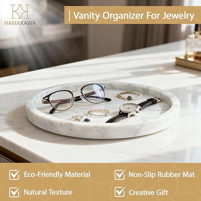 HAMAKAWA Natural Marble Bathroom Vanity Tray, Large Round Sink Tray 9.5 inch, Carrara White Limestone Dresser Tray, Modern Countertop Organizer for Soap Dispenser, Kitchen Counter, Home Decor - ModernBath