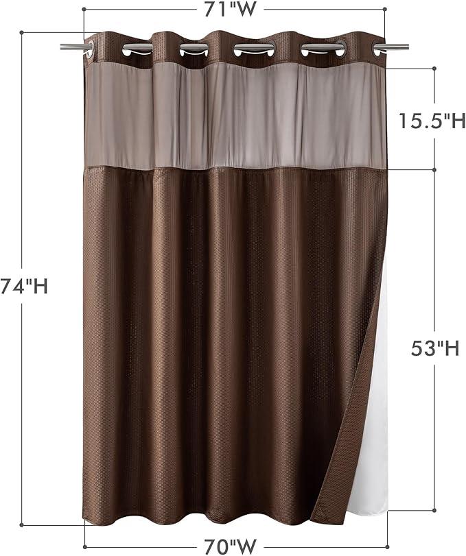 Mrs Awesome No Hook Shower Curtain with Snap-in Liner, Embossed Waffle Design Fabric Shower Curtain for Bathroom, Soft & Lightweight, 71x74, Chocolate - ModernBath
