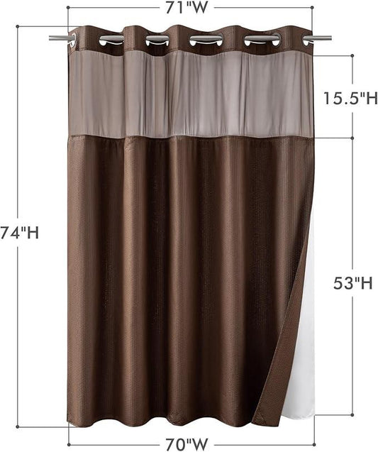 Mrs Awesome No Hook Shower Curtain with Snap-in Liner, Embossed Waffle Design Fabric Shower Curtain for Bathroom, Soft & Lightweight, 71x74, Chocolate - ModernBath