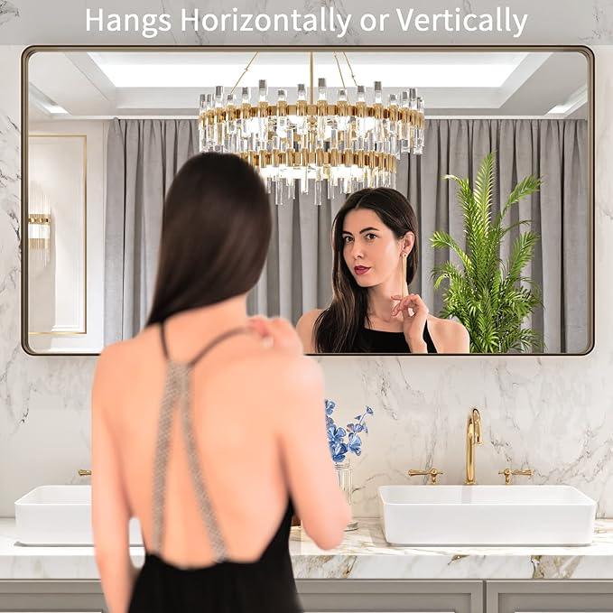 LOAAO 55”X30” Bronze Bathroom Mirrors for Vanity, Rounded Rectangle Brushed Bronze Metal Frame Mirror, Anti-Rust, Tempered Glass, Hangs Horizontally or Vertically - ModernBath