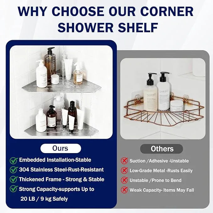 10" Corner Shower Shelf 2 Pcs Brushed 304 Stainless Steel Diamond Heavy Duty Floating Corner Shelves Slot Design Recessed Bathroom Shower Shelf for 90° Tiled Wall, No Drilling Needed - ModernBath