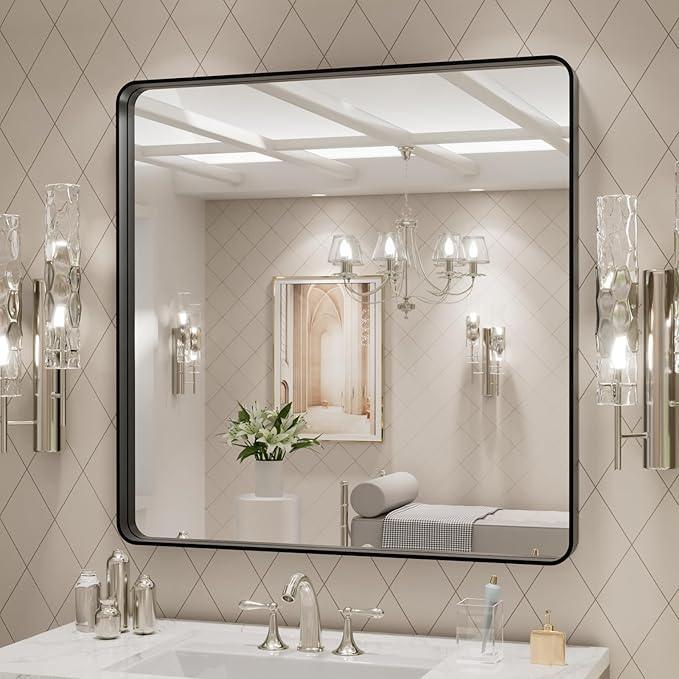 LOAAO 30x30 Inch Black Metal Framed Bathroom Mirror for Wall, Matte Black Bathroom Vanity Mirror Farmhouse, Large Rounded Rectangle Mirror, Anti-Rust, Hangs Horizontally or Vertically - ModernBath