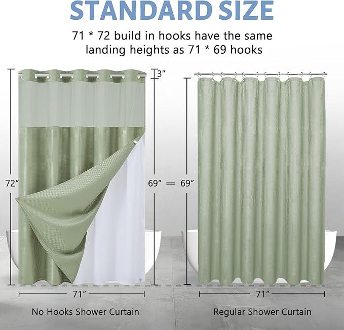 Furlinic Waffle Weave No Hook Shower Curtain with Snap in Fabric Liner Set,Heavy Duty Textured Bathroom Curtain with See Through Window,Waterproof & Machine Washable,Sage Green,71x72 Inch. - ModernBath