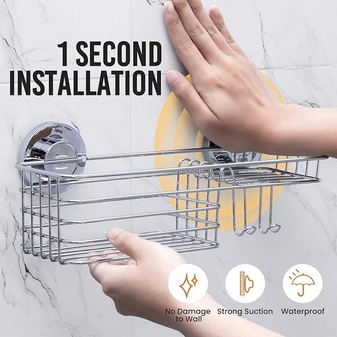 LEVERLOC Shower Caddy Suction Cup, Organizer with Hooks & Soap holder for Inside Shower, Removable Bathroom Shelf - ModernBath