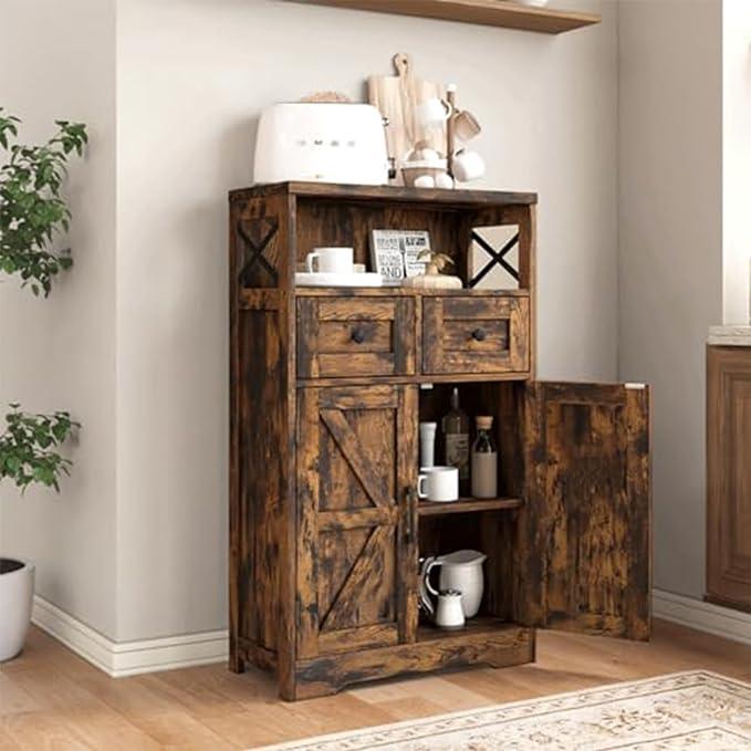 Rustic Brown Farmhouse Storage Cabinet with Barn Doors and Shelves, Freestanding Kitchen Pantry Storage Cabinet, Coffee Bar Station, Hutch Cupboard for Kitchen, Dining Room, Livingroom - ModernBath