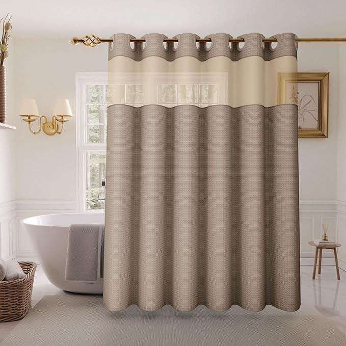 Inhousolu Long No Hook Shower Curtain with Snap in Fabric Liner Set Waffle Weave 230GSM Weighted Hem, Waterproof & Washable Bathroom Curtain Spa Luxury with Mesh Top Window 72" W x 78" L Beige - ModernBath