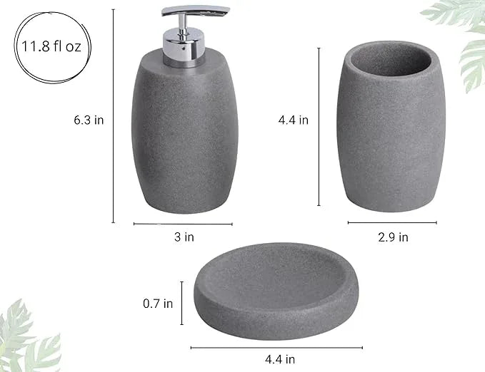 Clasin Home Grey Bathroom Accessories Set 3 PC, Resin Sandstone Look Soap Dispenser, Toothbrush Cup, Soap Dish, Bathroom Soap Dispenser Set for Home Decor and Kitchen - ModernBath