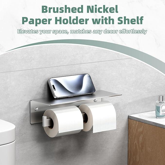 APLusee Double Toilet Paper Holder with Shelf, 304 Stainless Steel Brushed Nickel Bathroom Tissue Holder, Commercial Paper Roll Dispenser Wall Mounted - ModernBath