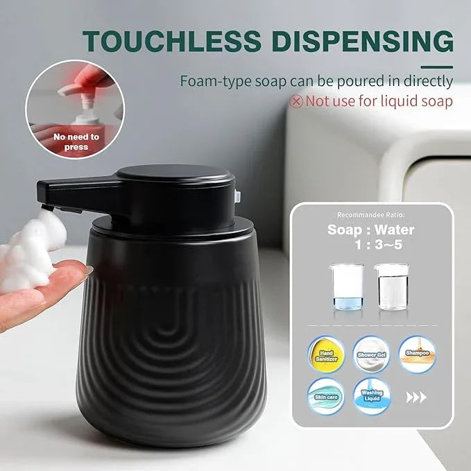 BosilunLife Ceramic Automatic Soap Dispenser with Extended Pump Nozzle, 3 Adjustable Levels, Touchless Foam Hand Wash Foaming Dispenser for Bathroom & Kitchen, Embossed Wave Design, Black, 10oz - ModernBath