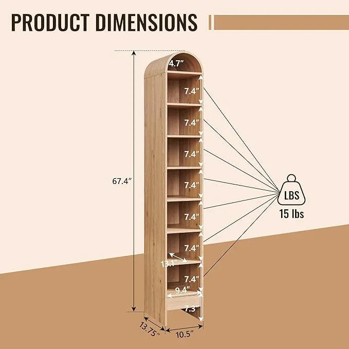 67" Tall Arched Bathroom Storage Cabinet, 8-Tier Modern Farmhouse Storage Cabinet with Adjustable Shelves, Wood Freestanding Cabinet for Bathroom, Living Room, Entryway, Hallway (Natural) - ModernBath