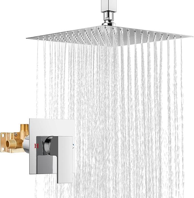 Airuida Shower Faucet Set and Handle Set Single Function Shower Trim Kit Ceiling Mount Rainfall Shower System with Male Threads and Rough-in Valve 10 Inch Square Shower Head Chrome Polish - ModernBath