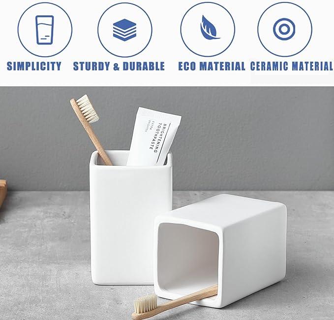 Toothbrush Holders for Bathrooms - 2 Cups Ceramic Square Toothbrush Toothpaste Holders Set, White Square Bathroom Tumbler Cups Reusable Toothbrush Mouthwash Cup, Bathroom Counter Organizer. - ModernBath