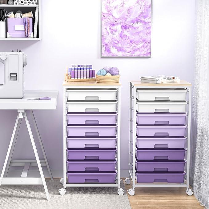 Rolling Cart with Drawers,Utility Cart With 8 Drawers and Wooden Tabletop for Living Room,Classroom,Bedroom,Bathroom,Dorm,Office,Purple - ModernBath