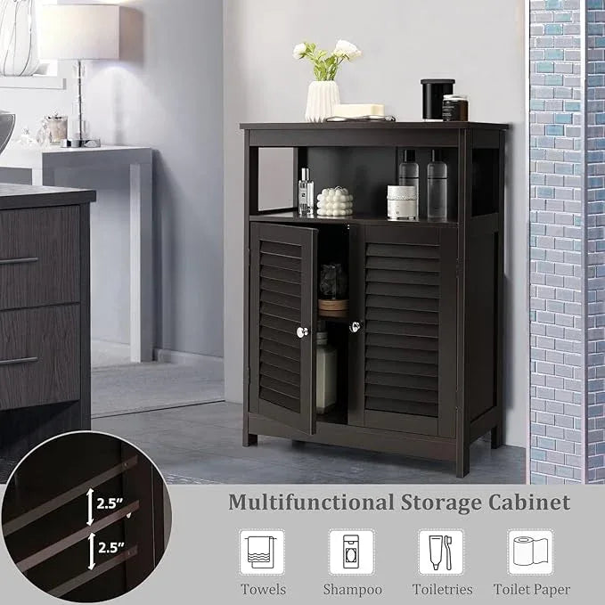 LDAILY Freestanding Bathroom Organizer, Double Shutter Doors, Adjustable Shelf, Wooden Floor Cabinet, Brown - ModernBath