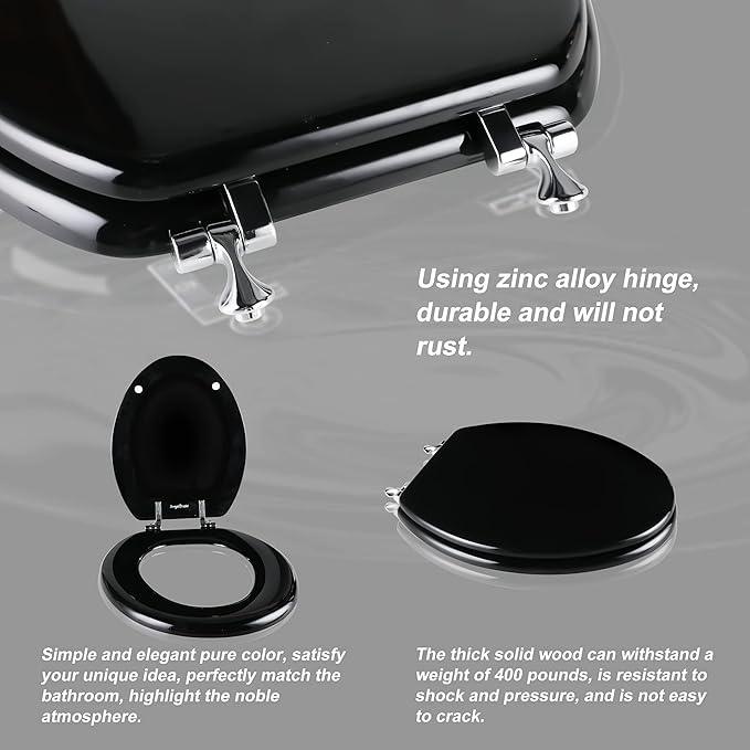 Black Elongated Toilet Seat Natural Wood Toilet Seat with Zinc Alloy Hinges, Easy to Install also Easy to Clean, Scratch Resistant Toilet Seat by Angol Shiold (Elongated, Black) - ModernBath