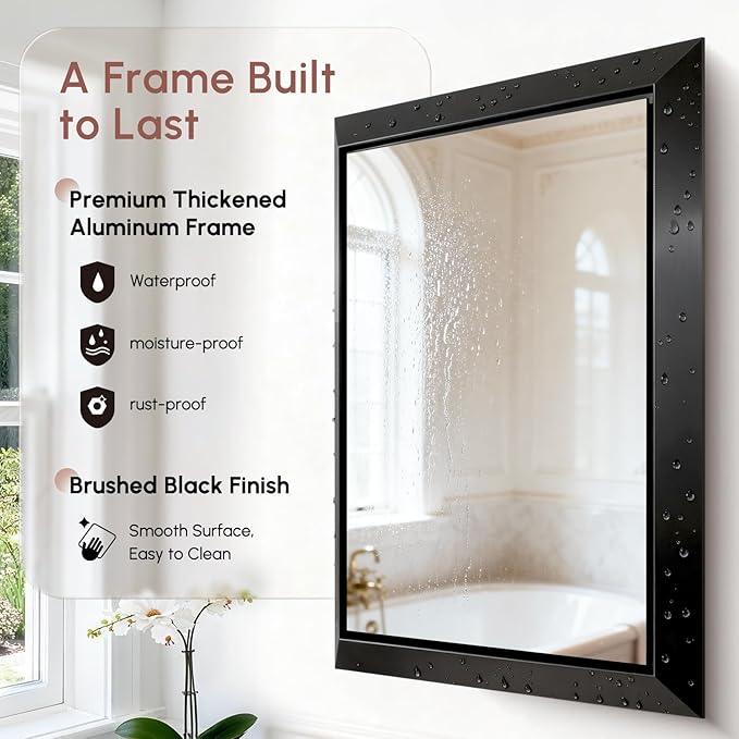 USHOWER Bathroom Mirrors for Over Sink, 24x36 Inch Rectangular Mirrors for Wall, Brushed Black Mirror, Beveled Aluminum Framed Wall Mirror, Mirror for Bathroom, Restroom, Anti-Rust - ModernBath
