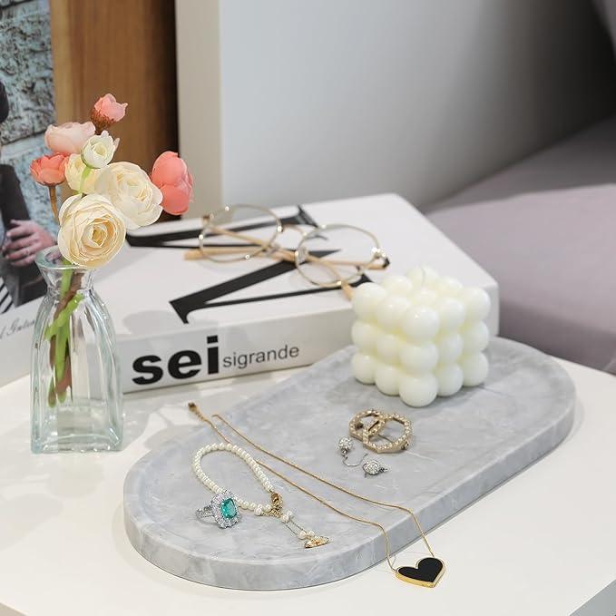 Koville Grey Marble Tray for Bathroom Countertop, 12"x6" Vanity Decorative Marble Tray for Dresser, Stone Catchall Trays for Perfume, Candles, Jewelry, Stone Gray Storage Trays for Home Decor - ModernBath