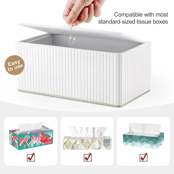 KINGFOM Rectangular Tissue Box Cover, PU Leather Tissue Box Holder with Magnetic Bottom, Napkin & Facial Tissue Holder Dispenser Decorative Box Cover for 120-count (3-Ply) 160-count (2-Ply) White - ModernBath